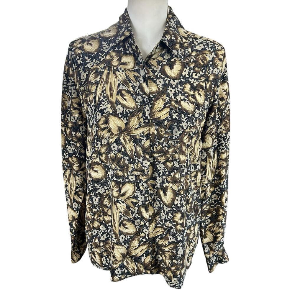 Tess Silk Shirt Women Sze M Brown Tan Floral Lightweight Classic Button Up Tunic
